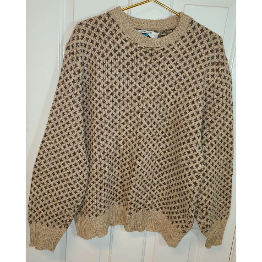 Electric Avenues 80s Sweater Mens Wool Tan Geo metric  Knit Coogi Made in‎ USA